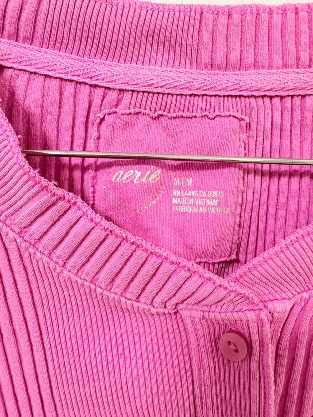 Aerie Road Trip Long Sleeve Rib Henley T-Shirt Bright Pink Fuschia Cozy Lounge - Picture 5 of 12
